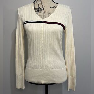 Tommy Hilfiger Y2K Women's Cream V-Neck Sweater with Red and Black Stripe